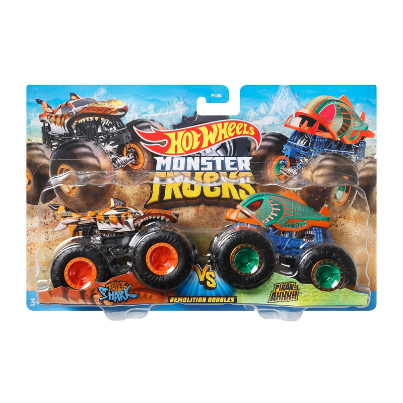 HOT WHEELS MONSTER TRUCKS DEMOLITION DOUBLES TIGER SHARK VS PIRAN-AHHHH