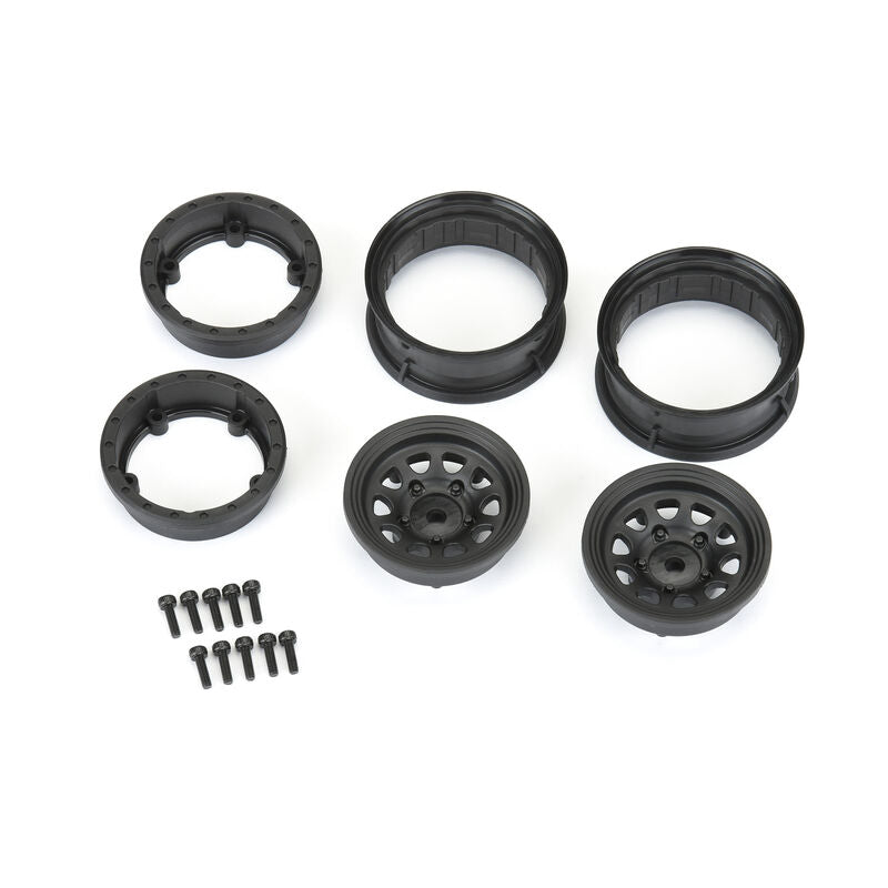 PRO-LINE 2797-03 KEYSTONE 1.55INCH BLACK PLASTIC INTERNAL BEAD-LOC 12MM WHEELS FOR ROCK CRAWLERS SUITS FRONT OR REAR