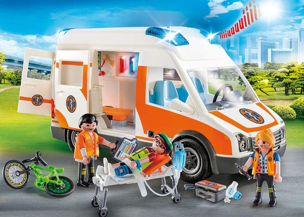 PLAYMOBIL 70049 CITY LIFE AMBULANCE WITH FLASHING LIGHTS 62 PIECES