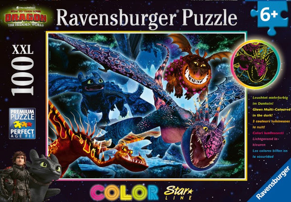 RAVENSBURGER 137107 COLOR STARLINE HOW TO TRAIN YOUR DRAGON - SHINING DRAGONS 100XXL PC GLOW IN THE DARK JIGSAW PUZZLE