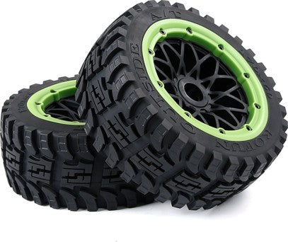 ROVAN 952873 BAJA 5B GEN 2 ALL TERRAIN BUGGY FRONT WHEEL SET PREMOUNTED WITH GREEN BEADLOCKS 1 PAIR