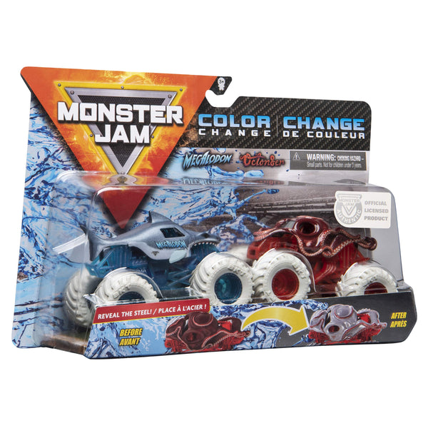 SPIN MASTER MONSTER JAM 1:64 COLOUR CHANGE REVEAL THE STEEL MEGALODON V OCTON8ER 2PK