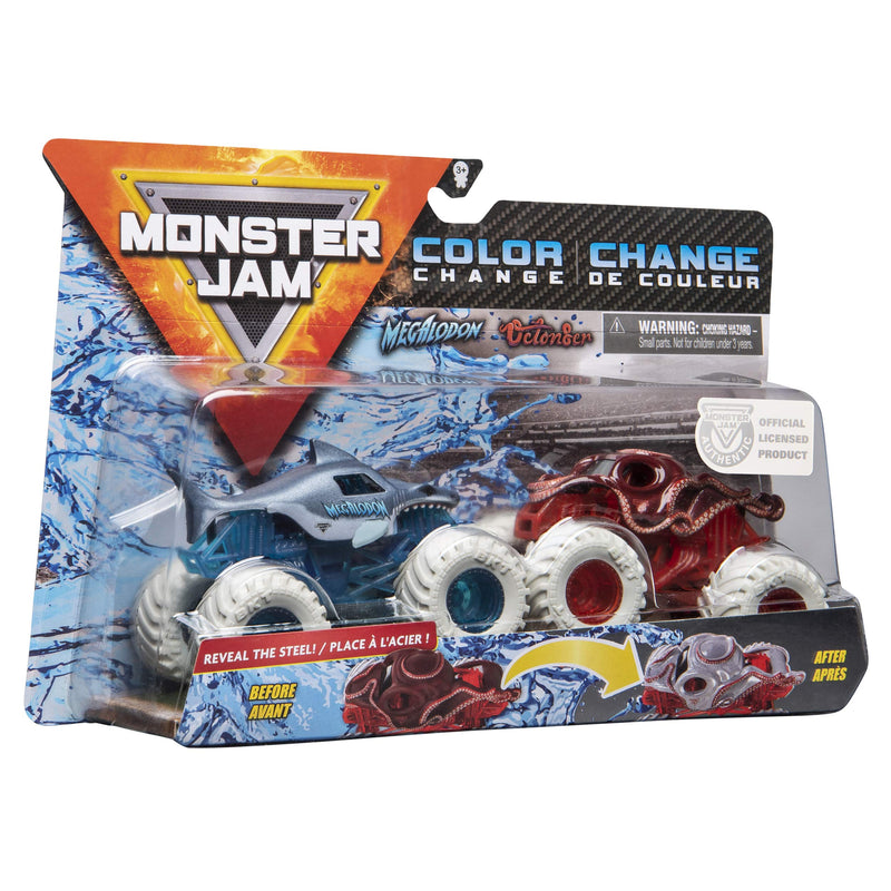 SPIN MASTER MONSTER JAM 1:64 COLOUR CHANGE REVEAL THE STEEL MEGALODON V OCTON8ER 2PK