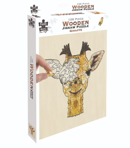 PUZZLE MASTER 128 PIECE  WOODEN JIGSAW PUZZLE GIRAFFE INCLUDES DISPLAY STAND