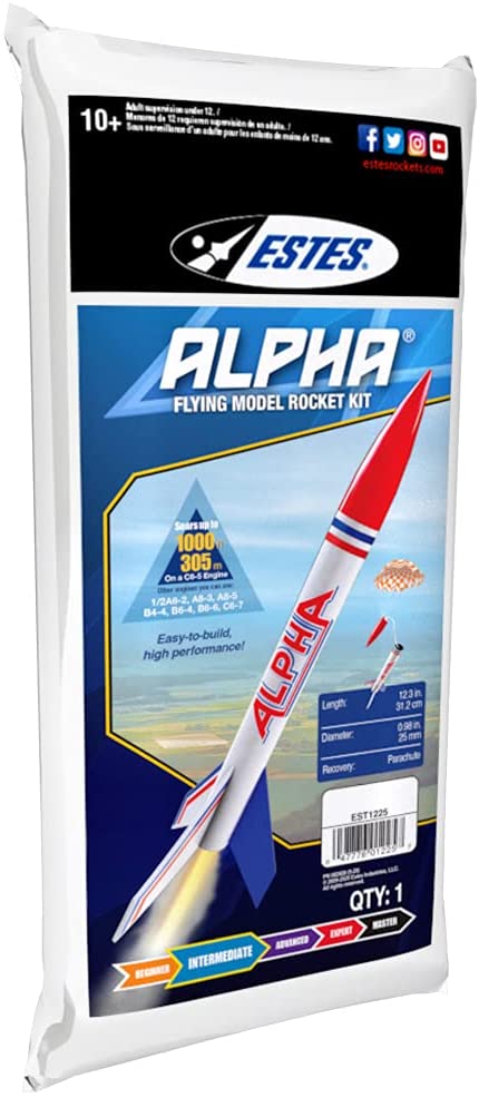 ESTES 1225 ALPHA INTERMEDIATE FLYING MODEL ROCKET KIT - REQUIRES 18MM STANDARD ENGINE AND LAUNCH ACCESSORIES