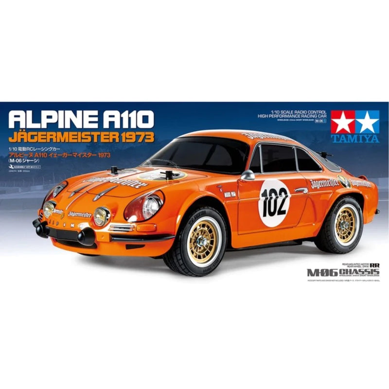 TAMIYA 58708-60A ALPINE A110 JAEGERMEISTER 1973 1/10 SCALE RC HIGH PERFORMANCE ON ROAD REAR WHEEL DRIVE RACING CAR ASSEMBLY KIT RTR WITH REAR MOUNTED MOTOR AND M-06 CHASSIS