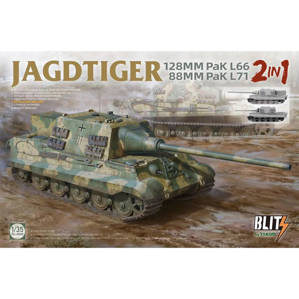 TAKOM 8008 JAGDTIGER 128MM PAK L66 AND 88MM PAK L71 2 IN 1 1/35 SCALE PLASTIC MODEL KIT