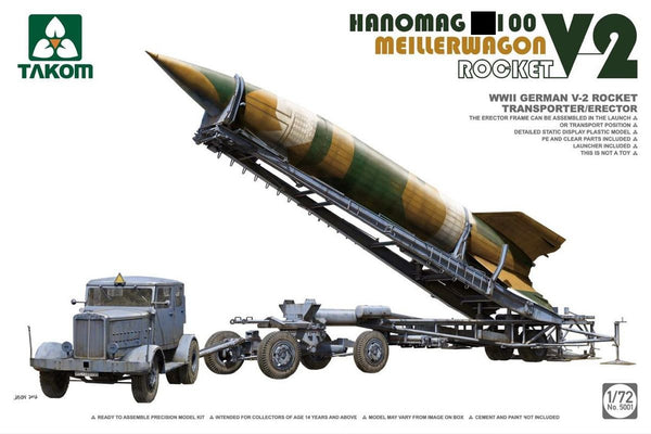 TAKOM 5001 WW11 GERMAN V-2 ROCKET TRANSPORTER/ERECTOR MELLERWAGEN + HANOMAG SS100 1:72 PLASTIC MODEL KIT