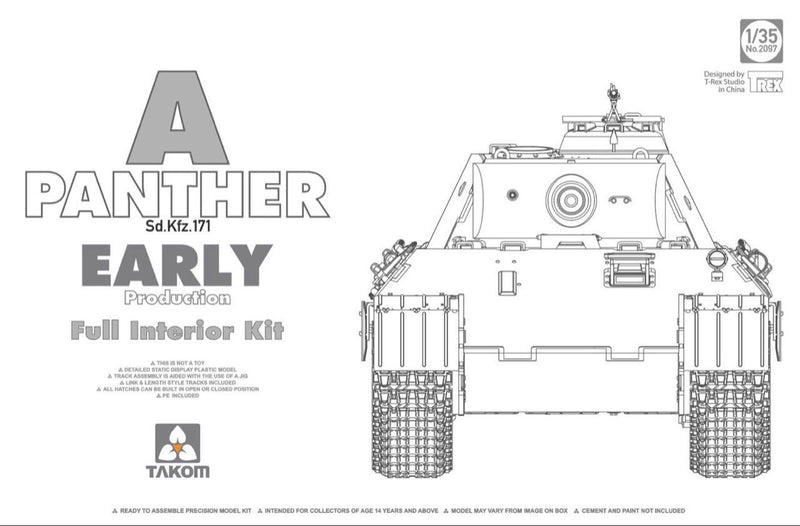 TAKOM 2097 WW11 GERMAN MEDIUM TANK SD.KFZ.171 PANTHER EARLY PRODUCTION WITH FULL INTERIOR 1/35 SCALE TANK PLASTIC MODEL KIT