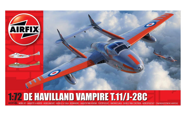 AIRFIX AO2058A DE HAVILLAND VAMPIRE T11 J 28C 1/72 SCALE PLASTIC MODEL PLANE KIT