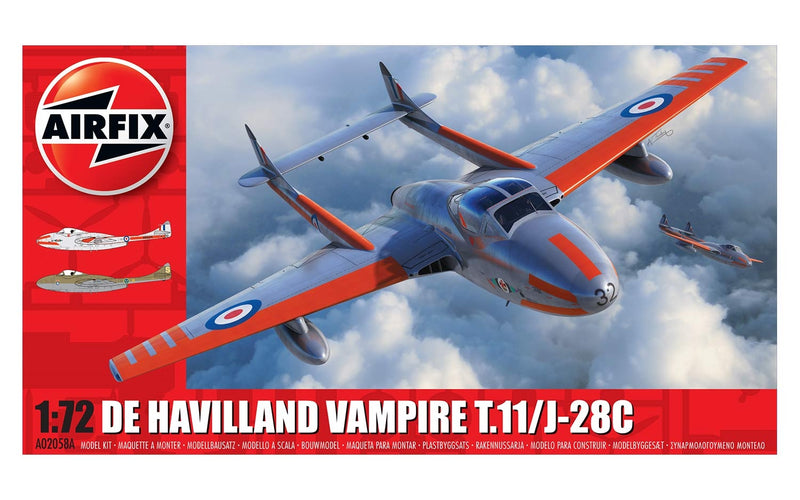 AIRFIX AO2058A DE HAVILLAND VAMPIRE T11 J 28C 1/72 SCALE PLASTIC MODEL PLANE KIT