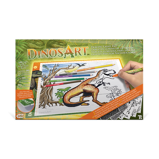 DINOSART ULTRA THIN LED TRACING LIGHT PAD WITH 3 BRIGHTNESS LEVELS INCLUDES 5 DOUBLE-ENDED COLORING PENCILS 6 SAMPLE PATTERN PAGES