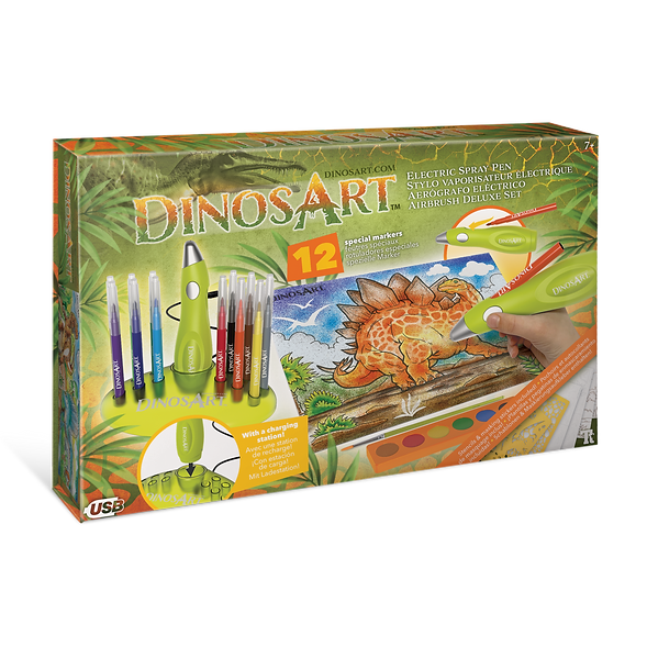DINOSART ELECTRIC AIR SPRAY PEN WITH CHARGING STATION INCLUDES 12 SPECIAL MARKERS ASSORTED STENCILS AND MASKING STICKERS