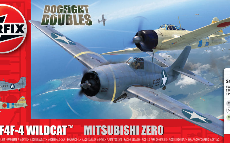 AIRFIX 50184 DOGFIGHT BATTLES F4F-4 WILDCAT AND MITSUBISHI ZERO 2 PLANES WITH THE STAND 1/72 SCALE PLASTIC MODEL KIT