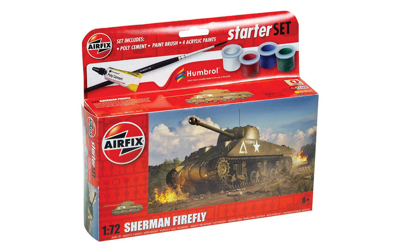 AIRFIX A55003 SHERMAN FIREFLY TANK WITH STARTER KIT 3 ACRYLIC PAINTS BRUSH AND GLUE 1/72 SCALE PLASTIC MODEL KIT