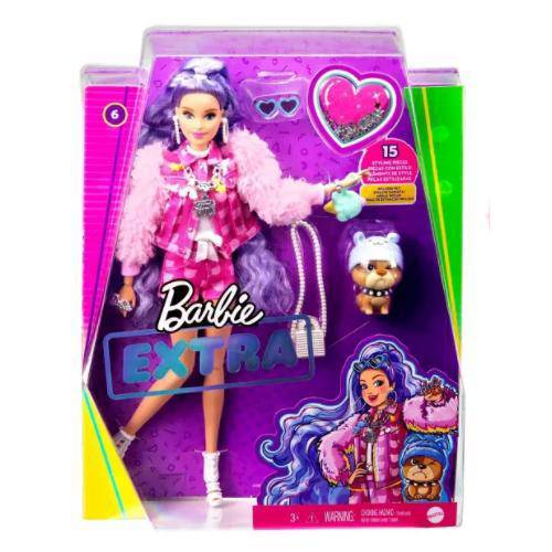 BARBIE FASHIONISTA EXTRA DELUXE DOLL #6 WITH LAVENDER HAIR AND PINK FLUFFY SLEEVE JACKET AND PET