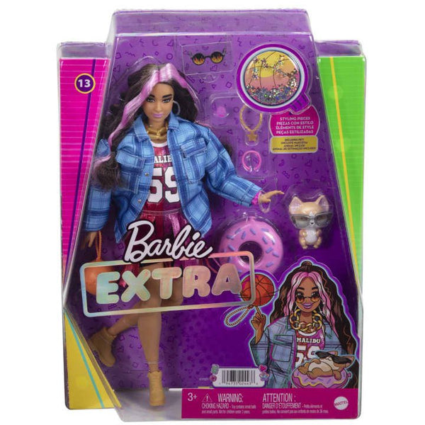 BARBIE FASHIONISTA EXTRA DELUXE DOLL #13 WITH BLUE TARTAN JACKET PINK HAIR HIGHLIGHTS AND PET