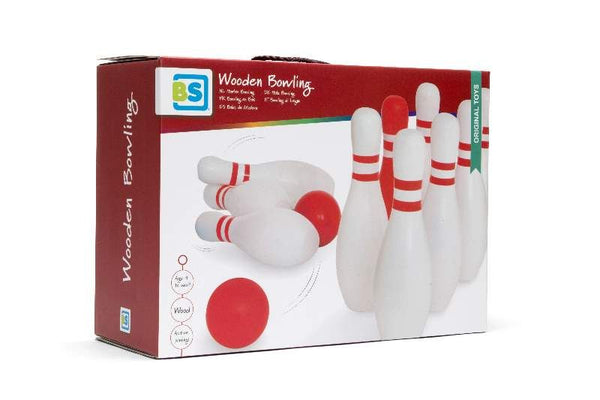 BS TOYS RED AND WHITE WOODEN BOWLING OUTDOOR ACTIVITY