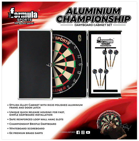 FORMULA SPORTS ALUMINIUM CHAMPIONSHIP CABINET SET - INCLUDES BRISTLE BLADED DARTBOARD AND 6X BRASS DARTS