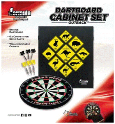 FORMULA SPORTS OUTBACK CABINET SET - INCLUDES BRISTLE DARTBOARD AND 6X BRASS DARTS