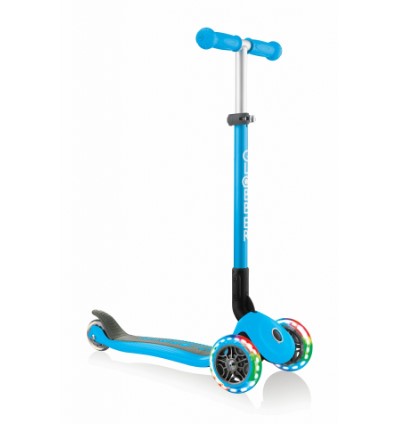 GLOBBER PRIMO 121MM ADJUSTABLE FOLDABLE LIGHTS SCOOTER WITH ANODISED TBAR - SKY BLUE