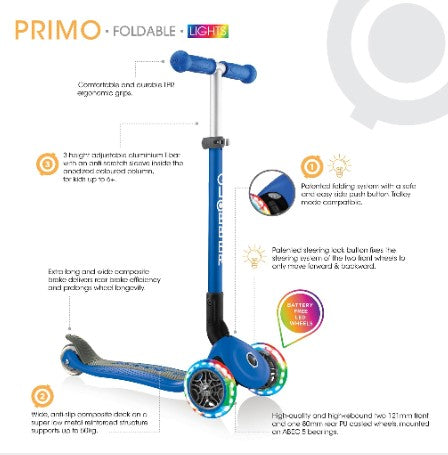 GLOBBER PRIMO 121MM ADJUSTABLE FOLDABLE LIGHTS SCOOTER WITH ANODISED TBAR - SKY BLUE