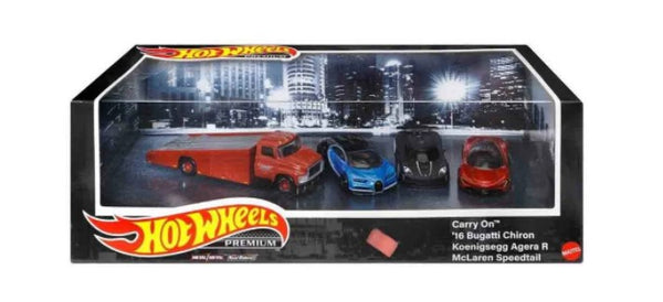 HOT WHEELS PREMIUM COLLECTOR SET - CARRY ON - 16 BUGATTI - KOENIGSEGG AGERA R - MCLAREN SPEEDTAIL - 4PC