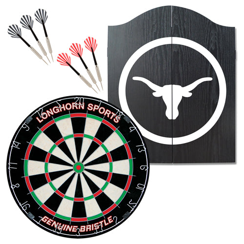 LONGHORN SPORTS DARTBOARD CABINET SET - INCLUDES BRISTLE DARTBOARD AND 6X BRASS DARTS