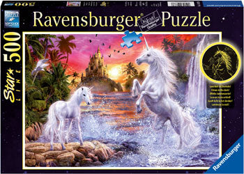 RAVENSBURGER 148738 STARLINE UNICORNS AT THE RIVER 500PC GLOW IN THE DARK JIGSAW PUZZLE