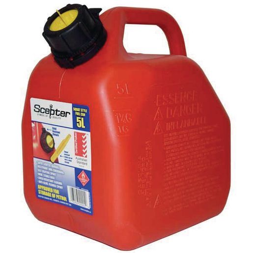 FUEL CAN 5L RED HEAVY DUTY PLASTIC PETROL FUEL CAN WITH SPOUT INSERTED INTO BOTTLE