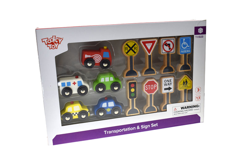 TOOKY TOY WOODEN TRANSPORTATION AND SIGN SET
