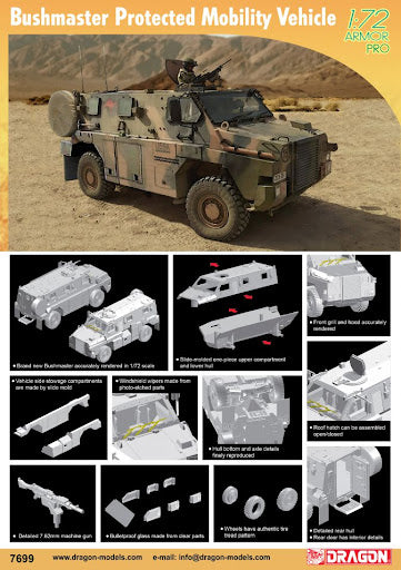 DRAGON 7699 BUSHMASTER PROTECTED MOBILITY VEHICLE USED IN THE AUSTRALIAN MILITARY SERVICE 1/72 SCALE PLASTIC MODEL KIT